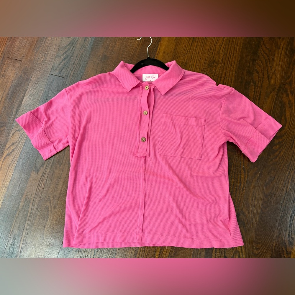 Hot pink women’s shirt with pocket and 1/2 button down